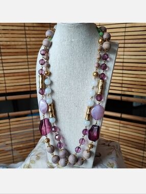Joan Rivers Signed Raspberry Glass Wood Beaded Jade Green Necklace Golden Bamboo